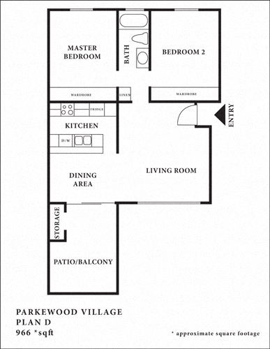 Floor plan for 2 beds, 1 bath, 966 sqft